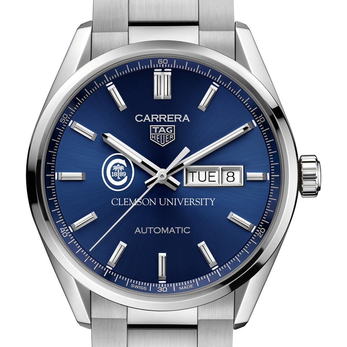 Clemson Men s TAG Heuer Carrera with Blue Dial Day Date Window