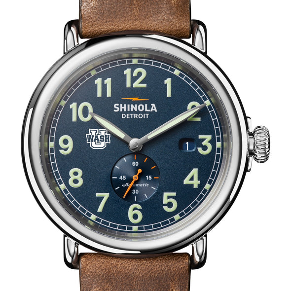 Washington University in St. Louis Shinola Watch, The Runwell Automatic 45 mm Blue Dial and British Tan Strap at M.LaHart &amp; Co. Shot #1